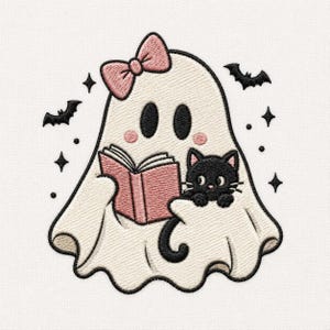 May include: An embroidered patch featuring a white ghost with a pink bow, reading an open pink book while holding a small black cat. The design includes black outlines, pink cheeks, and several small black bats and four-pointed stars surrounding it.