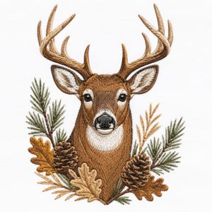 May include: An embroidered patch featuring a detailed brown deer head with large antlers, surrounded by green pine needles, brown pinecones, tan oak leaves, and golden wheat stalks, all set against a plain white background.