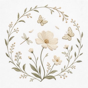 May include: A circular embroidery design on white fabric featuring a central cream-colored flower surrounded by a wreath of delicate green leaves, small buds, two butterflies, and a dragonfly, all rendered in fine, detailed needlework stitching.