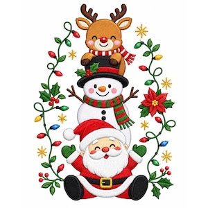 May include: An embroidered design featuring a stack of three characters: a reindeer with a red nose and striped scarf on top, a snowman with a green and red scarf in the middle, and a smiling Santa Claus at the base, framed by holly and lights.