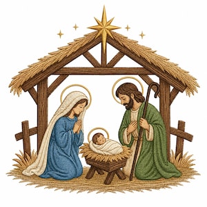 Op de afbeelding: Een geborduurde kerststalscène met een figuur in een blauw gewaad en een figuur in een groen gewaad die naast een baby in een kribbe knielen. De scène bevindt zich onder een houten stal met een rieten dak en een grote gouden ster.