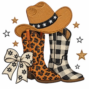 May include: An embroidered design featuring a tan cowboy hat with a black band and white stars, a pair of cowboy boots with one leopard print and one black and white buffalo check pattern, a white bow with black flowers, and gold stars.
