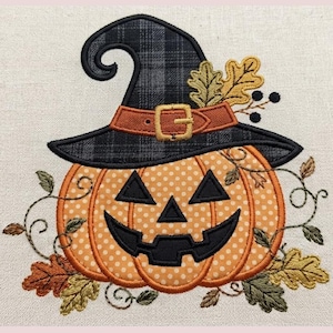 Halloweenpumpa-applikationsbroderidesign, pumpa med häxhatt maskinbroderimönster, digital nedladdning av Thanksgiving-stygn