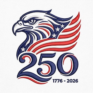 May include: An embroidered patch featuring a stylized eagle head in blue, white, and red. The eagle's wing incorporates the American flag pattern with white stars. Below the eagle, the number 250 is displayed, followed by the text 1776 - 2026.