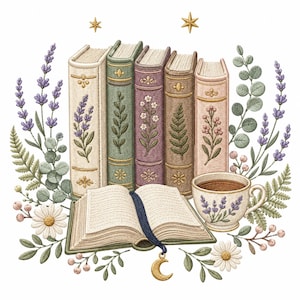 Floral Bookish Embroidery Design, Wildflower Book Stack Embroidery File, Coffee Book Machine Embroidery Pattern, Gifts for Book lover