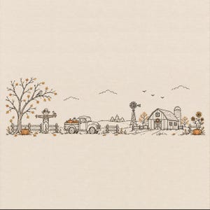 Könnte beinhalten: Eine Strichzeichnung auf beigem Hintergrund, die eine herbstliche ländliche Szene mit einer Vogelscheuche, einem Baum mit fallenden Blättern, einem Pickup mit Kürbissen, einer Windmühle, einer Scheune mit Silo und Sonnenblumen zeigt.