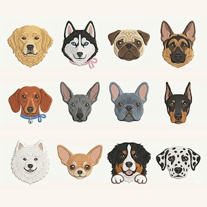 Pode incluir: Uma coleção de doze emblemas bordados de cabeças de cães de várias raças, incluindo um golden retriever, husky com laço rosa, pug, pastor alemão, dachshund com coleira azul, cão sem pelo cinzento, bulldog francês, doberman, samoieda, chihuahua, boiadeiro de berna e dálmata.