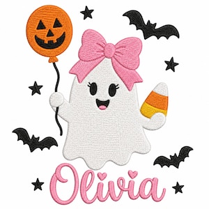 May include: An embroidered design featuring a white ghost with a pink bow, holding an orange jack-o'-lantern balloon and a piece of candy corn. The design includes black bats and stars, with the name Olivia embroidered in pink script at the bottom.