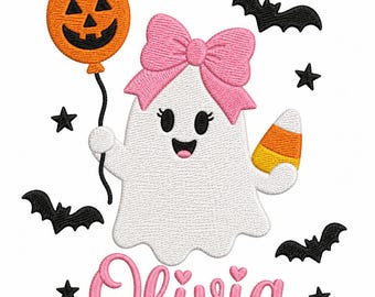 Girl Ghost Halloween Embroidery Design, Spooky Ghost with Balloon Machine Embroidery Pattern, Custom Kid's Name Halloween (Instant Download)