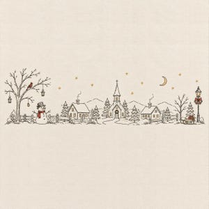 以下が含まれることがあります： 雪だるま、教会、家々、松の木、吊り下げられたランタンのある裸木が描かれた冬の村の線画イラスト。夜空には三日月と星が輝き、右側には街灯が立っています。