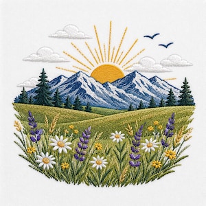May include: An embroidery design featuring a vibrant landscape with a golden sun rising over snow-capped blue mountains. The foreground displays a lush green meadow filled with purple lavender, white daisies, and yellow wildflowers under a sky with clouds.