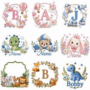 Pode incluir: Uma coleção de nove ilustrações digitais em estilo de bordado com vários temas, incluindo as letras B, A, J e B, juntamente com animais como um dinossauro, urso, coelho, elefante, leão, raposa, coruja e esquilo, além de elementos decorativos.