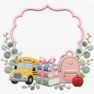 Diseño de bordado de escudo con monograma para la vuelta al cole, archivo de bordado de marco para profesor y alumno, mochila con forma de autobús escolar y manzana, archivo PES para preescolar