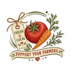May include: An embroidered design featuring a red tomato and an orange carrot next to a beige tag tied with twine. The tag reads FRESH & LOCAL with a small red heart. A banner below reads SUPPORT YOUR FARMERS in red text with a small red heart.