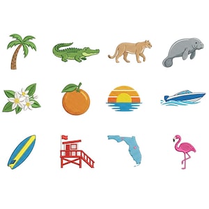 Könnte beinhalten: Eine Sammlung von zwölf gestickten Aufnähern mit einer Palme, einem grünen Alligator, einem beigen Panther, einem grauen Rundschwanzseekuh, weißen Orangenblüten, einer Orange, einem Sonnenuntergang, einem blauen Motorboot, einem Surfbrett, einem roten Rettungsschwimmerturm, einer Florida-Karte und einem rosa Flamingo.