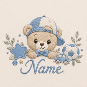May include: An embroidery design featuring a tan teddy bear wearing a blue and white baseball cap and a blue bow tie. The bear is surrounded by a blue star, a football, a blue toy car, and leafy branches. The word Name is written in blue script.