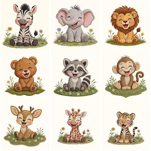 Könnte beinhalten: Eine Sammlung von neun Illustrationen mit einem lächelnden Zebra, Elefanten, Löwen, Bären, Waschbären, Affen, Reh, Giraffe und Tiger. Jedes Tier sitzt auf einem kleinen Stück Gras mit winzigen, bunten Blumen.