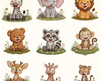 Bundel met borduurpatronen van lachende safaridieren, borduurpatroon voor de babykamer, ideaal als kraamcadeau (direct te downloaden)