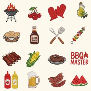Può includere: Una collezione di sedici toppe ricamate con icone a tema barbecue, tra cui una griglia, ciliegie, guanti da forno, olio d'oliva, pane, salsa BBQ, utensili, uno spiedino, costine, mais, bistecca, il testo BBQ MASTER, condimenti, birra, salsicce e anguria.