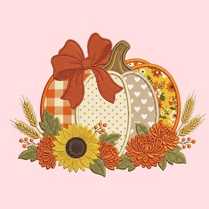 Disegno per ricamo a macchina con applicazione di zucca, motivo floreale autunnale per ricamo a macchina, zucca del raccolto del Ringraziamento con punto fiocco, download digitale