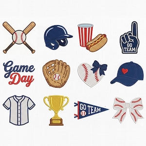May include: A collection of twelve embroidered patches featuring baseball-themed icons including crossed bats, a ball, a helmet, a hot dog, a foam finger with text GO TEAM, the text Game Day, a glove, a heart-shaped ball, a cap, a jersey, a trophy, a pennant, and a bow.