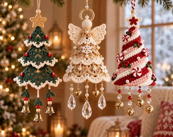 May include: Three hanging crochet ornaments: a dark green tree with a star topper, a cream-colored angel with a halo, and a red and white striped tree with peppermint accents. Each piece features dangling gold bells and clear crystal drops.