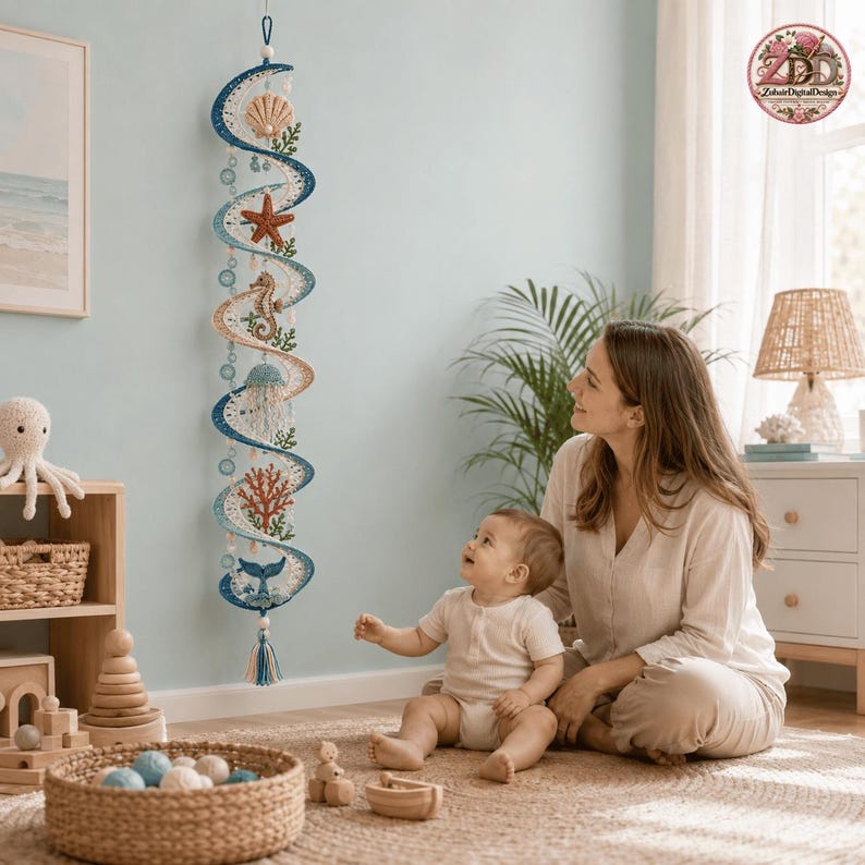 May include: A vertical spiral wall hanging featuring a nautical theme with a seashell, starfish, seahorse, jellyfish, coral, and whale tail. The design incorporates blue and cream crochet-style patterns, finished with a tassel at the bottom.