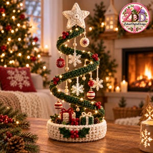 May include: A spiral-shaped crochet Christmas tree in dark green with a white star topper. It features hanging ornaments including white snowflakes, red and white striped balls, and small red berries. Two small crochet gift boxes sit at the base.