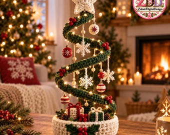 May include: A spiral-shaped crochet Christmas tree in dark green with a white star topper. It features hanging ornaments including white snowflakes, red and white striped balls, and small red berries. Two small crochet gift boxes sit at the base.