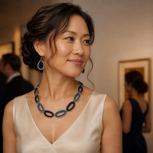 May include: A necklace and matching teardrop earrings featuring a series of interconnected oval links in varying shades of blue, accented with small gold-toned beads along the edges, worn with a sleeveless cream-colored satin top.