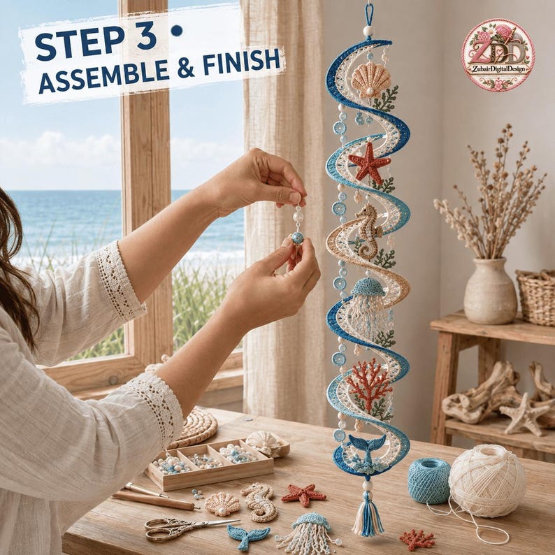 May include: A spiral hanging mobile featuring crocheted marine life including a seashell, starfish, seahorse, jellyfish, coral, and whale tail. The structure is accented with blue and white beads and finished with a tassel at the bottom.
