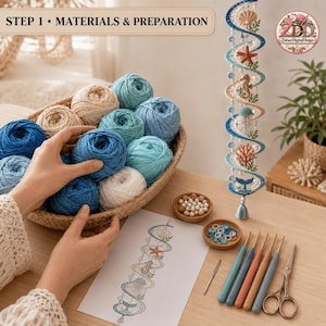 May include: A woven basket filled with blue, teal, and cream yarn balls, a printed pattern sheet, two small wooden bowls containing beads and stitch markers, four crochet hooks, a needle, and a finished spiral hanging decoration with sea motifs.
