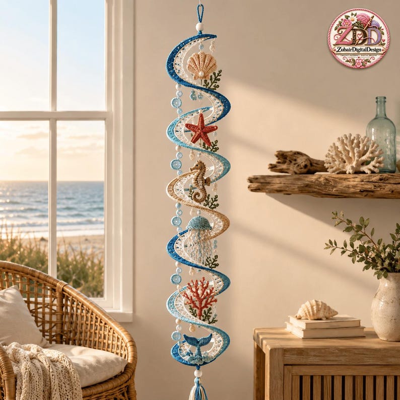 May include: A vertical hanging spiral mobile featuring crocheted ocean elements including a seashell, a red starfish, a seahorse, a jellyfish, red coral, and a whale tail, accented with blue and white beads and a circular logo at the top right.