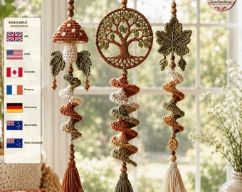 May include: Three hanging crochet ornaments featuring a mushroom, a tree of life, and a maple leaf. Each piece includes wooden beads, a spiral crochet tail, and a tassel. The mushroom is red and white, the tree is brown and green, and the leaf is green.
