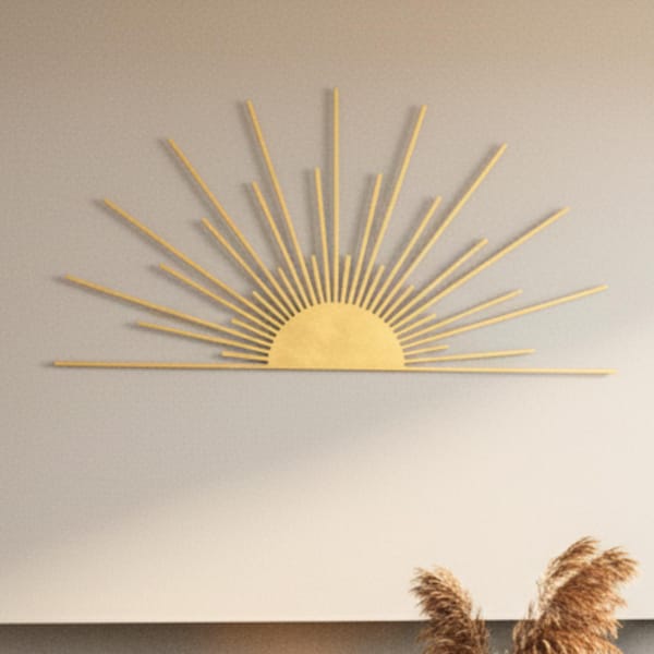 Arte mural de sol en metal dorado - Escultura minimalista de amanecer