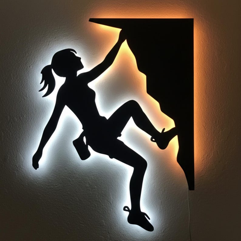 Female rock climber metal wall art with modern backlit design