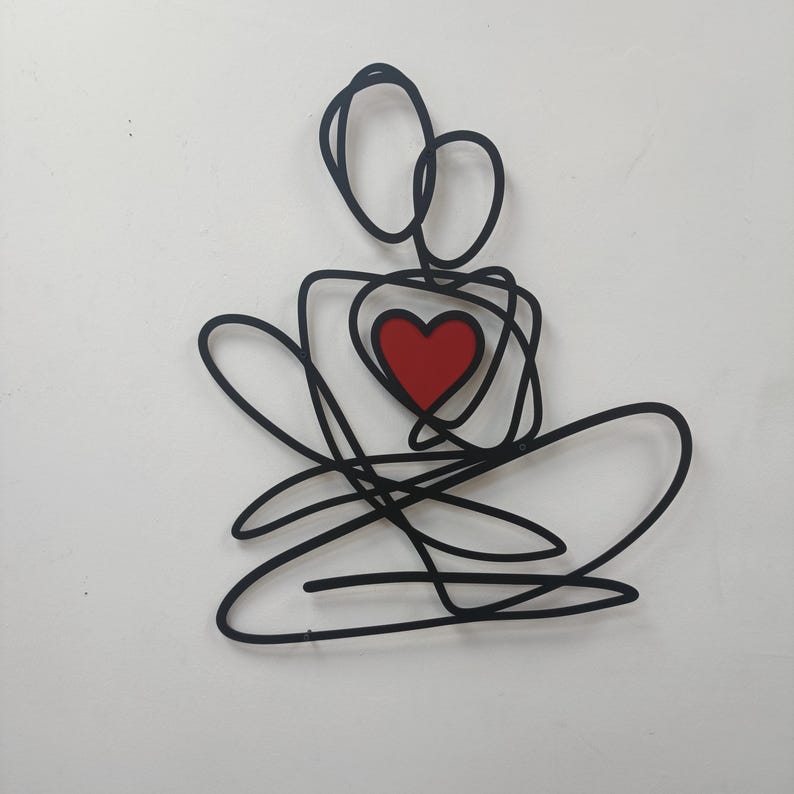 Couple line art metal wall decor with red heart