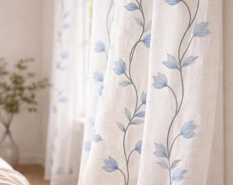 Blue Floral Embroidered Sheer Curtains, Semi Sheer Living Room Drapes, Rod Pocket Bedroom Curtain Panels, Set of 2