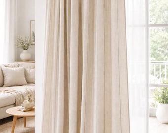 Pure Linen Farmhouse Ticking Stripe Curtains, Natural Flax & Taupe Beige Stripes, Custom Size, Unlined/Cotton Lined/OEKO-TEX Blackout