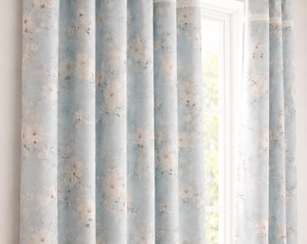 Blue Floral Block Print Curtains, Organic Cotton Drapes, Lined Options