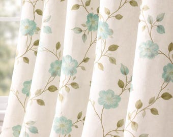 Hand Block Print Organic Cotton Curtains, Blue Floral