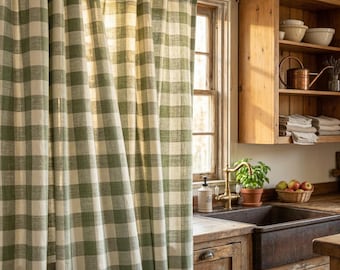 Matcha Green Buffalo Check Pinch Cotton and Linen Curtains, Custom Farmhouse Drapes, Cotton Lined or Blackout