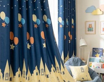 Organic Linen Curtains: Navy Moon and Stars - Blackout or Light Filtering