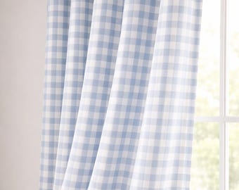 Farmhouse Check Curtains: Organic Linen Dusty Blue & Beige (Blackout or Cotton Liner)