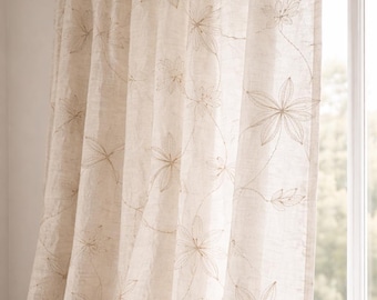 Sheer Linen Curtains: Ivory Floral Embroidery - Custom Sizes & Styles