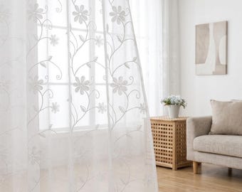 Sheer Linen Curtains: Ivory Floral Embroidery - Custom Sizes & Styles