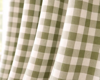 Farmhouse Check Curtains: Organic Linen Dusty Green & Beige (Blackout or Cotton Liner)