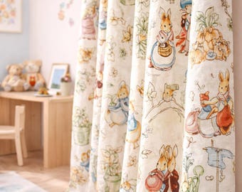 Pink Linen Nursery Curtains, Embroidered Bunny Floral Drapes