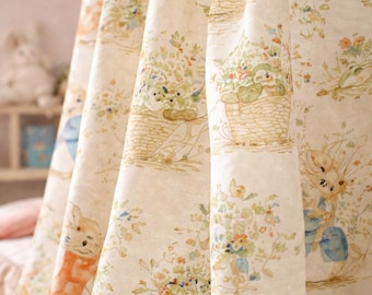 Beige Linen Nursery Curtains, Embroidered Bunny Floral Drapes