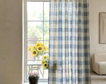 Sky Blue Buffalo Check Pinch Pleat Linen Curtains, Custom Farmhouse Drapes, Cotton Lined or Blackout